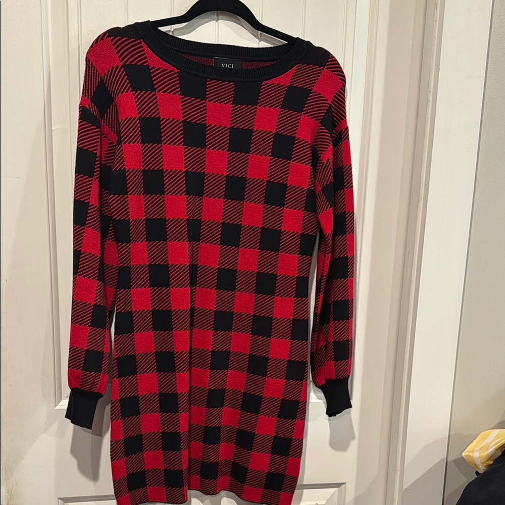 VICI Red and Black Buffalo Plaid Sweater Dress